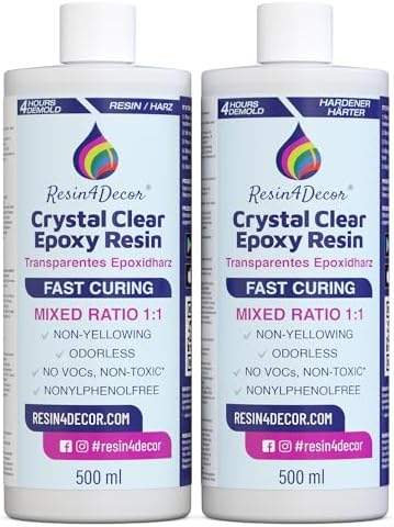 Epoxy Resin Fast Curing (4h Demold) RESIN4DECOR 1:1 Casting Crystal Clear Resin & Hardener for Arts Crafts Jewelry Making Non-Yellowing Non-Toxic High-Gloss Finish Odorless Heat Resistant - 1000ml