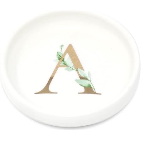 Cedar and Ink Ring Dish with Personalized A in Gold Foil & Greenery, Monogrammed Jewelry Dish, Accessories & Wedding Ring Holder, Dressing Table Tray