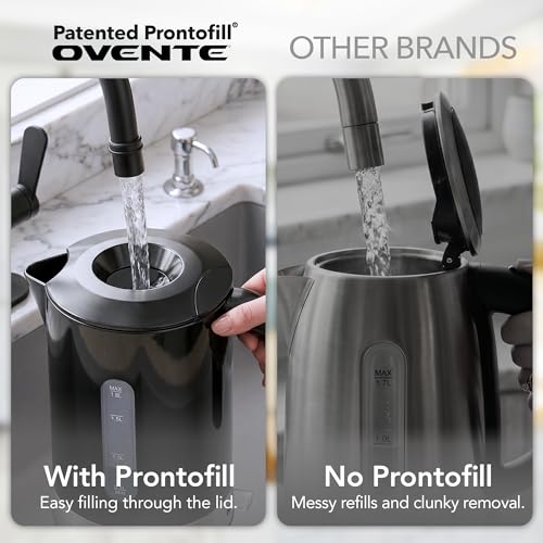 Image of OVENTE 1.8L Electric Kettle, BPA-Free with Easy-Fill Lid, Black KP413B | 1500W Fast Boiling Water Heater, Auto Shut-Off, Boil-Dry Protection, 360 Swivel Base, Clear-View Window, Removable Filter