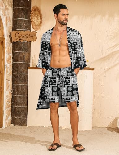 SWOMOG Mens Lightweight Kimono Robe with Shorts Set 2 PCS Printed Japanese Bathrobes Cardigan Robe with Belt & Pockets4