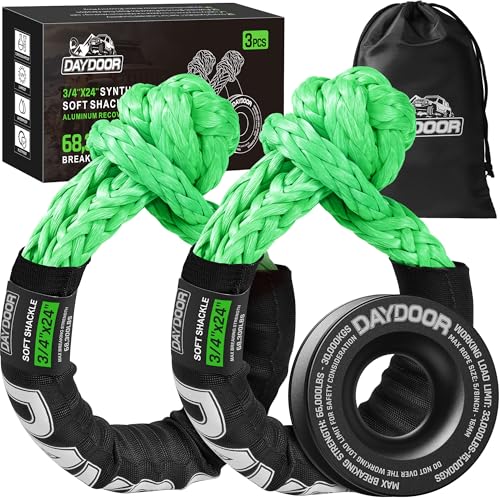 Image of DAYDOOR 68,300 LBS Soft Shackle Recovery Kit, 3 /4 inch x 24 inch (2-Pack) with 7075 Aluminum Snatch Ring, Winch Accessory for Ford F250 /F350, Ram 2500 /3500, Heavy Tractor & Full-Size Trucks(Green)