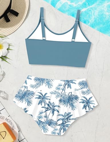 Image of Qaoerde Girls Swimsuit Tropical Print Bikini Set with Ruffle Hem Two Piece Criss Cross Bathing Suits for Girls 7-16 Years