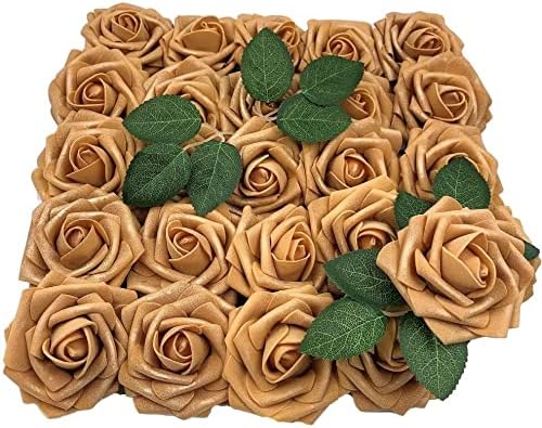 Miniatura 4 de Flores artificiales, 25 unidades, rosas falsas de espuma dorada de aspecto real con tallos para ramos de boda, centros de mesa de despedida de