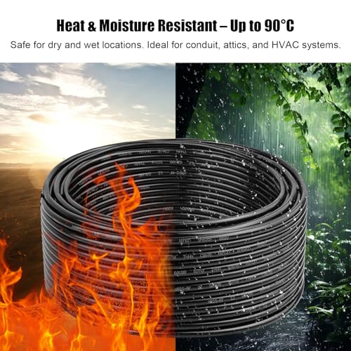 Image of THHN Wire 100 FT, Single Bare Copper Conductor, 14AWG Black Electrical Wire, Solid Building Wire 600V Nylon Sheath Cable for Indoor /Outdoor Applications
