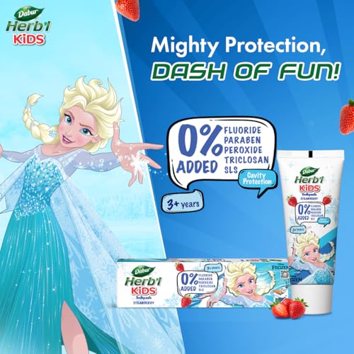 Image of Dabur Herb'l Kids Elsa Frozen Toothpaste | 160g (Pack of 2 x 80g) | 3+ Years | Strawberry Flavour | No added chemicals | Cavity protection | Healthy Gums | SLS & Flouride free