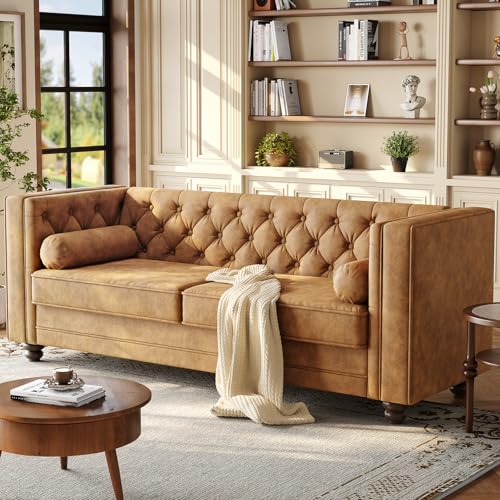 Image of ONBRILL 79'' Faux Leather Couch for Living Room, Comfy Chesterfield Button-Tufted Sofa with 2 Bolster Pillows and Wood Legs, Mid-Century Modern Deep Seat Couch for Apartment, Office, Caramel