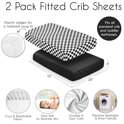 Image of Sweet Jojo Designs 2-Piece Baby Crib Sheets Set (Black /White Gingham Checkered Plaid) for Boys /Girls, Infant Nursery, Toddler Room - Fitted, Standard Size (Solid Onyx & Vintage, Classic, Checkerboard)