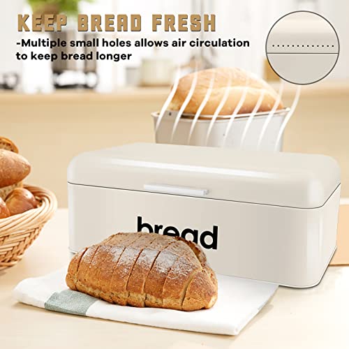 Cream Bread Box For Kitchen Counter, E-Far Large Metal Bread Storage Container With 3 Matching Coffee Tea Sugar Canisters, Vintage Bread Bin For Loaves, Pastries, Muffins, Dry Food (16.7” X 9” X 6.4”) #TOP2
