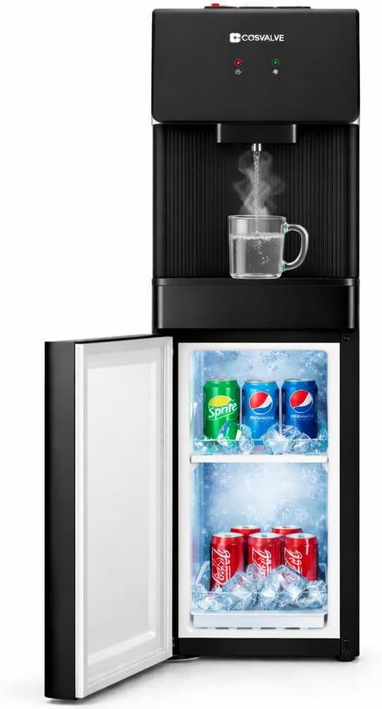COSVALVE Water Cooler Dispenser, 5 Gallon Top Loading Hot/Cold Water Cooler w/Freezer Cabinet, Compression Refrigeration w/Child Safety Lock for Home Office, Apartment, Dorm