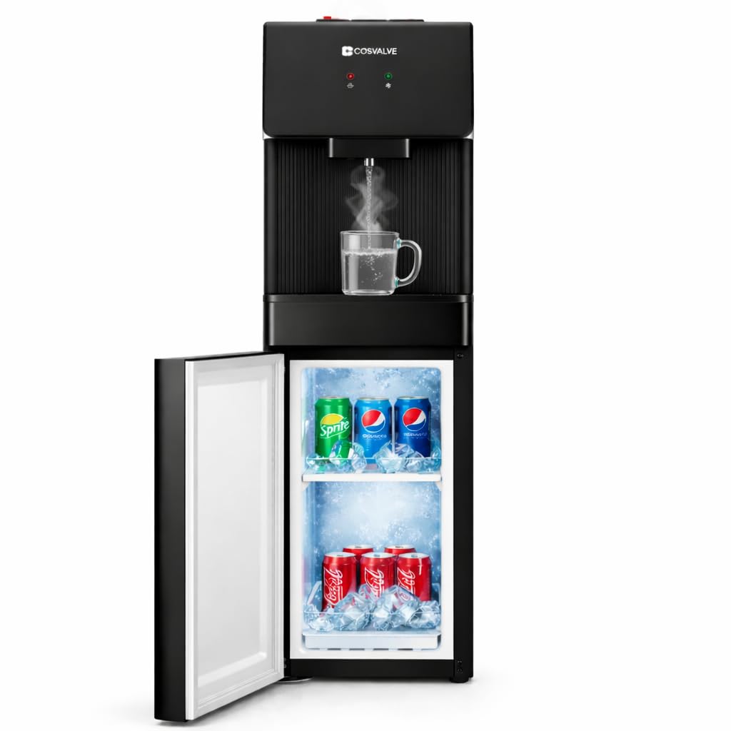 COSVALVE Water Cooler Dispenser, 5 Gallon Top Loading Hot/Cold Water Cooler w/Freezer Cabinet, Compression Refrigeration w/Child Safety Lock for Home Office, Apartment, Dorm