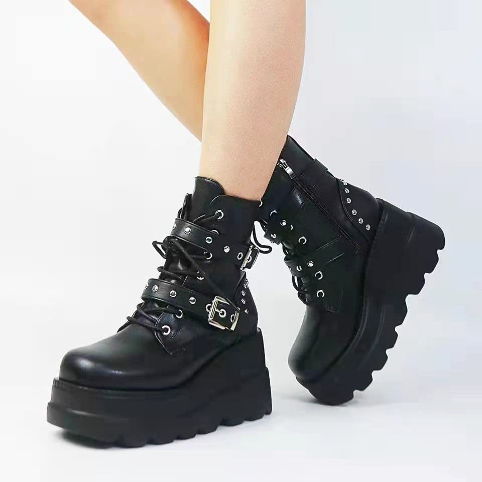 Image of Gothniero Platform Goth Ankle Boots for Womem Black Holographic Combat Chunky Heel Boots with Side Zip Lace Up Wedge Booties US5.5-11