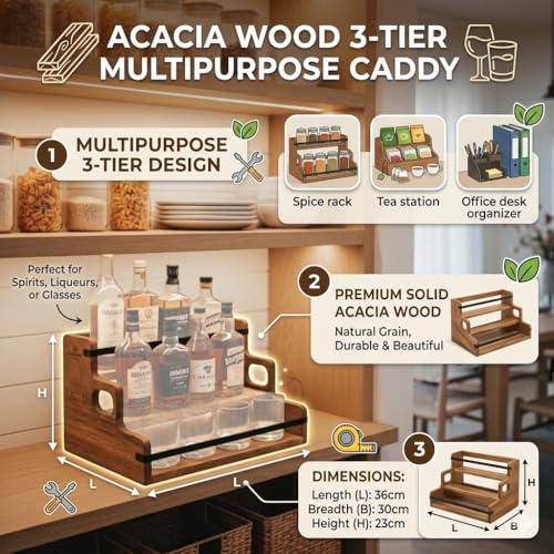 Image of CAR-O-BAR Premium Multipurpose Rack Organizer | Wooden Serving Rack | 3-Tier Countertop Wine & Whiskey Rack Mini Bar Organizer | Multipurpose Retro Bar Shelf for Home Decor (36.0X30X23cm)