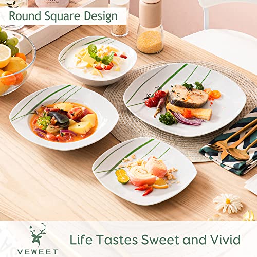 Veweet, Series Aviva, 24-Piece Ivory White Porcelain Dinnerware Set With Green Stripe Patterns, Including Dinner Plates, Dessert Plates, Soup Plates, Service For 6 #TOP1