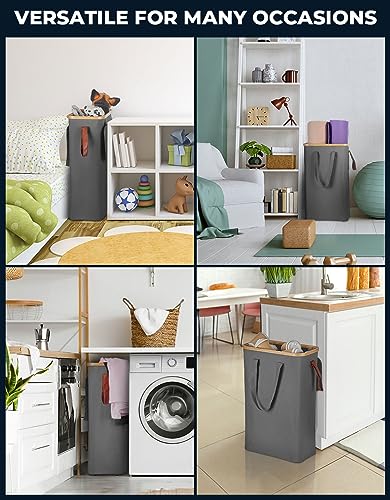 Yamagahome Slim Laundry Basket With Lid 52L, Collapsible Narrow Laundry Hamper With Removable Washable Laundry Bag, Thin Hamper Storage Basket Made Of Bamboo And Oxford For Bedrooms, Bathroom, Rv #TOP7