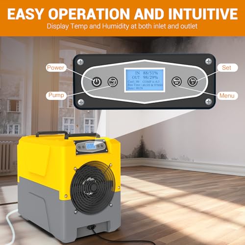 Image of 150 Pints Compact Commercial Dehumidifier, LGR Technology, Built-in Pump, ETL Certified, Ideal for Large Spaces, Water Damage Restoration, Industrial Use (Yellow)