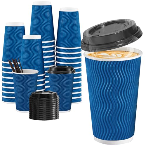SIUQ 80 Pack - 16 oz Insulated Disposable Coffee Cups with Lids and Straws,To go Hot Paper Coffee Cup with Lid,Corrugated Ripple Wall Cups for Hot Beverage or Cold Drinks (Navy)