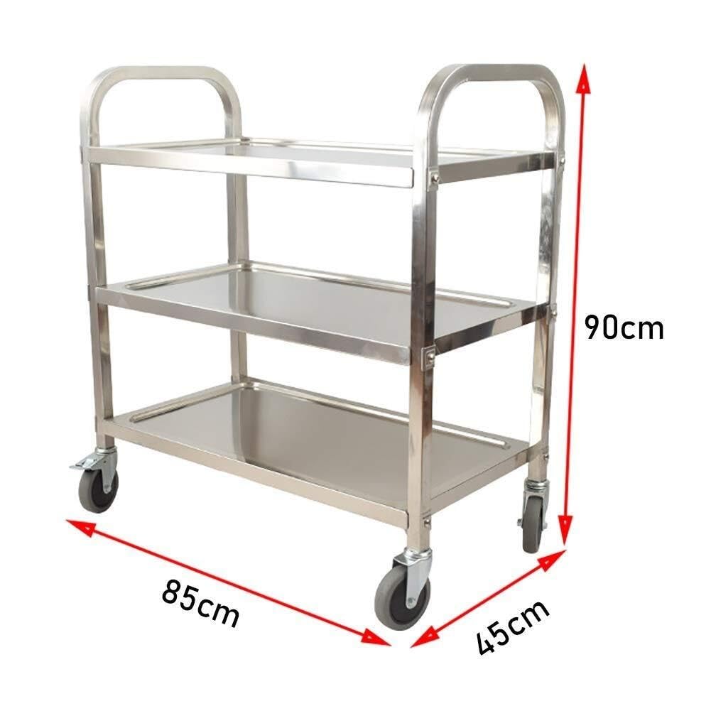 Chariot de Service Mobile à 3 Niveaux en Acier Inoxydable avec poignée Ergonomique et roulettes silencieuses avec Freins, idéal pour la Cuisine, l'hôtellerie, la restaura