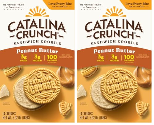 Image of Catalina Crunch Protein Cookies, 4g Protein per Serving | Low-Sugar Sandwich Cookies | Gluten Free, Vegan | Keto Dessert Snacks - Peanut Butter, 5.9 oz. (14 Count) (Pack of 2)