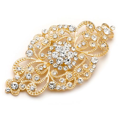 Image of Mariell Vintage Bridal Crystal Brooch Pin, 4 inch Wide, Gold Wedding Pin, Rhinestone Brooch for Brides and Wedding, Art Deco Fashion Accessory