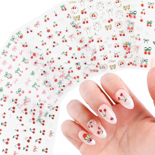 SIUSIO 5 Sheets Cherry Nail Stickers 5D Embossed Rhinestone Cherry Bow Nail Art Decals Self Adhesive Y2K Cute Nail Stickers for Women Girls Spring DIY Manicure