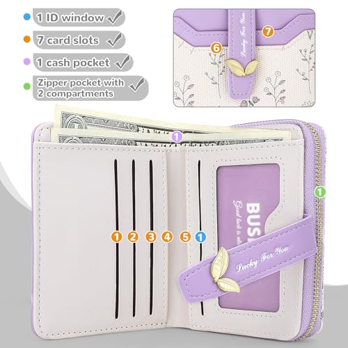 Small Wallet Womens Purple Flower Cute Wallet's Women Mini Wallets for Ladies Slim Change Purse for Ladies Bifold Wallet Womens With Zipper Coin Pocket Purses Card Holder for Women4