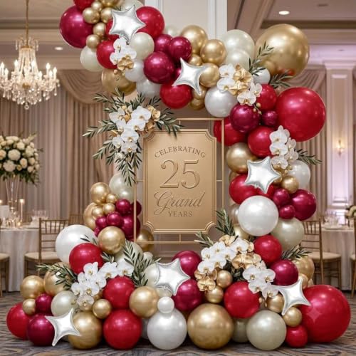 Image of Rose Red White Balloon Arch Double Stuffed Burgundy Gold Pearl Balloon Kit | Fuchsia sand white gold sliver star foil balloon garland for Birthday Wedding Bridal Shower Christmas Valentines party decor