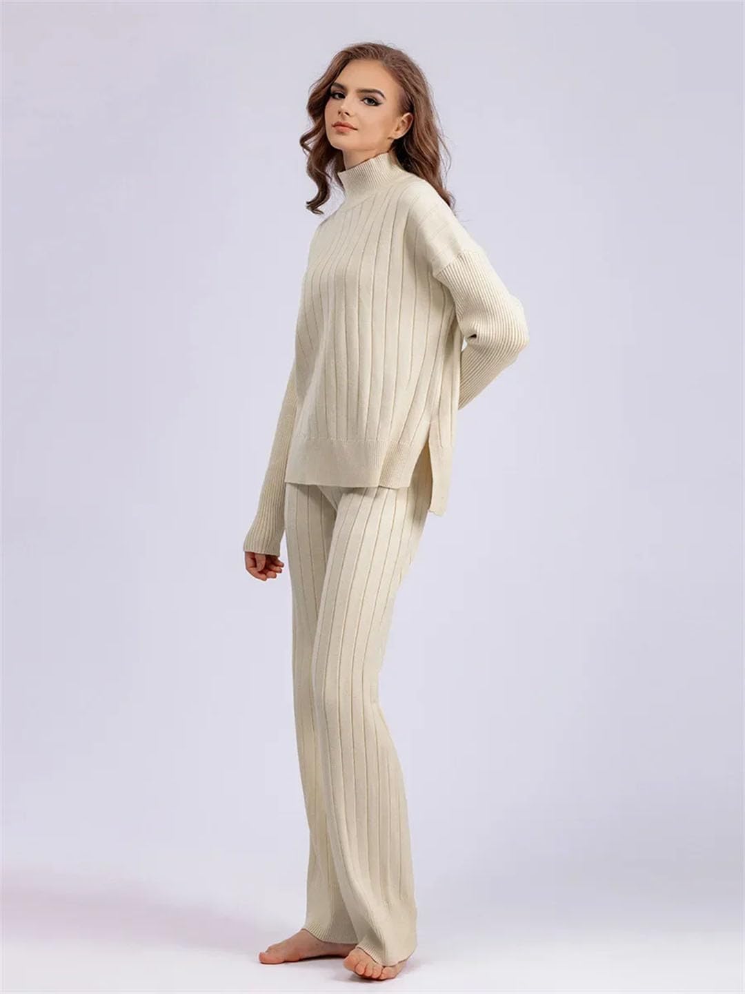 Donne Mezzo Dolcevita Manica Lunga Maglione Pullover Conjuntos Maglia Spessa Set 2 Pezzi Pantaloni Della Tuta A Vita Alta Abiti, Beige, L