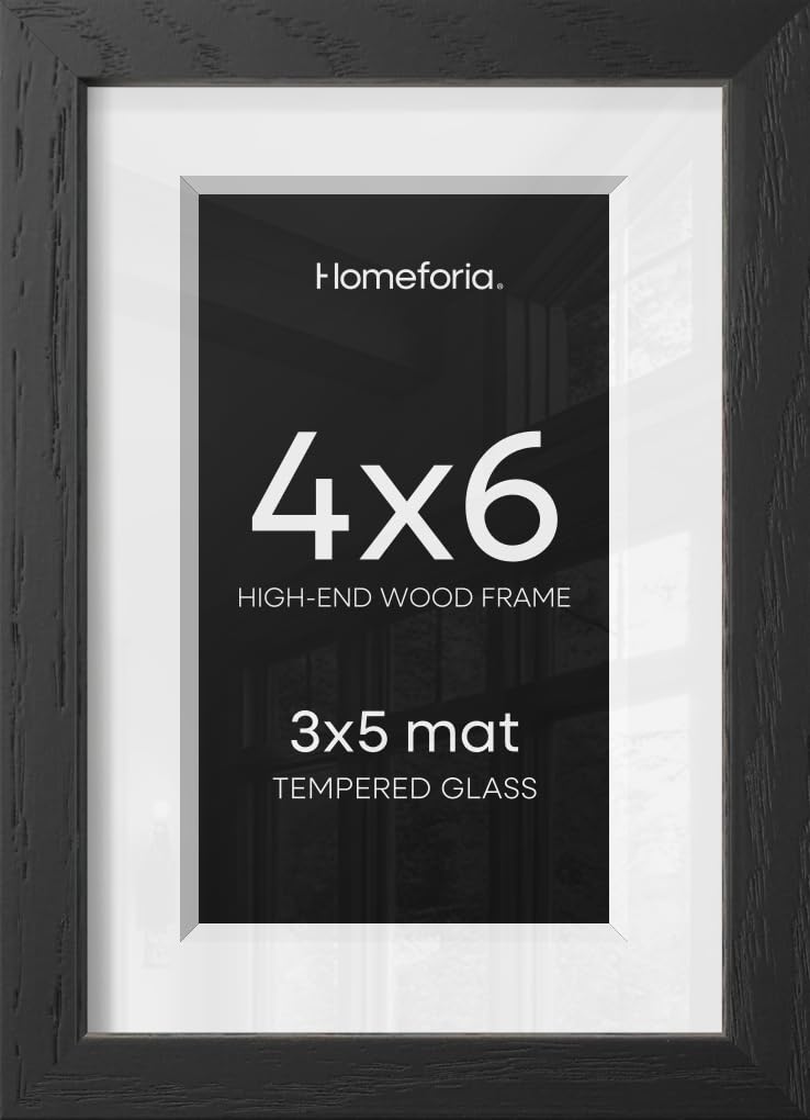 Homeforia 4x6 Black Oak Picture Frame, High-End Wood, 3x5 Mat, Glass | High End Solid Oak Wood, Tempered Glass, Acid-Free 3x5 Removable Mat, 4x6 Edge-to-Edge Display 6x4, Wall Kit, Set Of 3