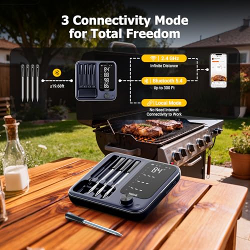 Wireless Meat Thermometer with APP Control,4 Probes Meat Thermometer Digital, Unlimited Range WiFi & Bluetooth Meat Thermometerfor for Rotisserie,Grill,Oven,Smoker,BBQ, Air Fryer