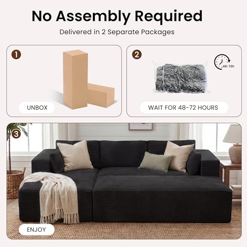 Image of GRUSIGN 106 inch Oversized Sectional Boneless Sleeper Sofa Bed Couches for Living Room, Modular L Shaped Couch with Left Facing Chaise & Big Ottoman, Compressed Spineless Corduroy Cloud Sofas, Black