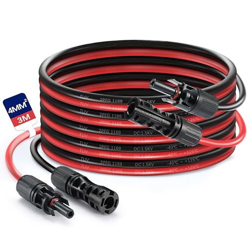 Solar Panel Cable 4mm 6mm Solar Extension Cable 3m/5m/10m/15m with Connectors (Male & Female) for Solar Panels Photovoltaic Systems (Red + Black) (4mm/3m)