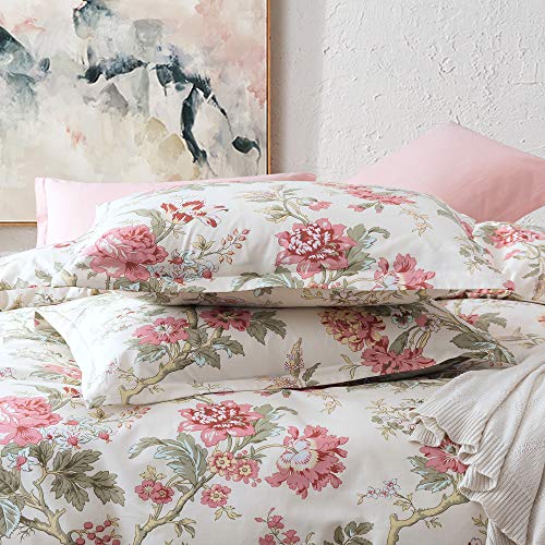 Eikei Home French Country Garden Toile Floral Printed Duvet Quilt Cover Cotton Bedding Set Asian Style Tapestry Pattern Chinoiserie Peony Blossom Tree Branches Multicolored Pattern (King, Ivory) #TOP1
