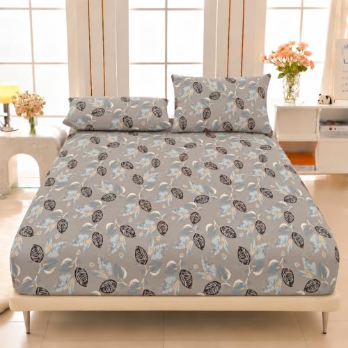 Image of VOMZER Elastic Fitted Warm Flannel Bedsheet King Size Warm Velvet Bedsheet for Winter Double Bed | 2 Pillow Covers, Size - 72 x 78 x 8 Inches (Botanic Leaf)