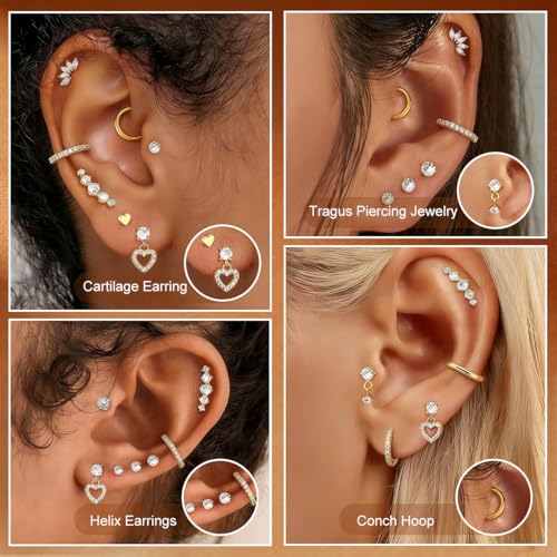 Image of SANNIDHI Earrings Set for Women Rhinestone Hoops Earring Hypoallergenic Hearts-shaped Flat Back Stud Earring Stainless Steel Cartilage Earrings Combo for Multiple Piercing