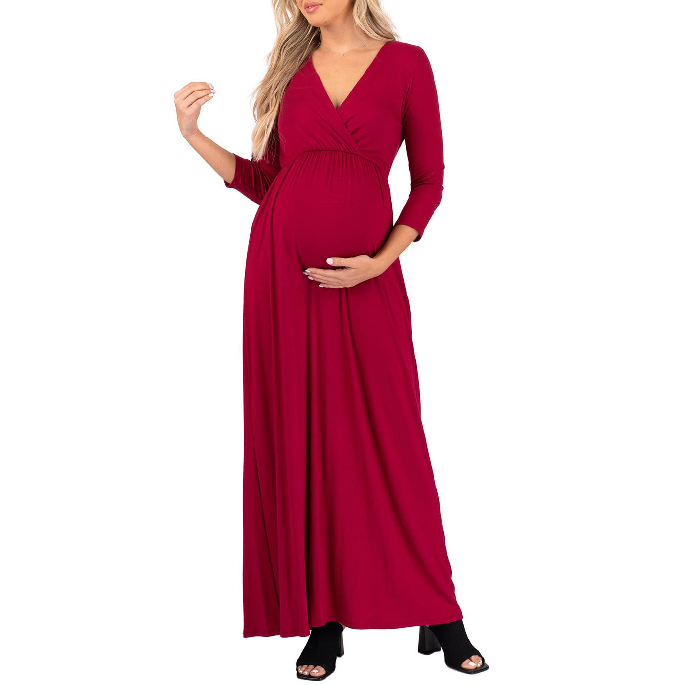 Mother Bee MaternityMother Bee Maternity V-Neck 3/4 Sleeve Ruched Waist Dress