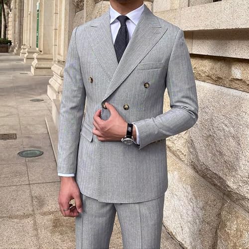 Men's 2 Piece Tweed Herringbone Business Suit Slim Double Breasted Striped Suit3