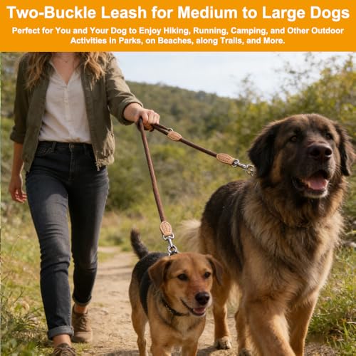 Hundeleine für Große und Mittelgroße Hunde, 2.1m x 1cm Verstellbare Doppelleine Rund, mit 2 Karabiner Führleine Hund, Robustem Nylon, Multifunktionale Dog Leash Adjustable für 2 Hunde (Braun)