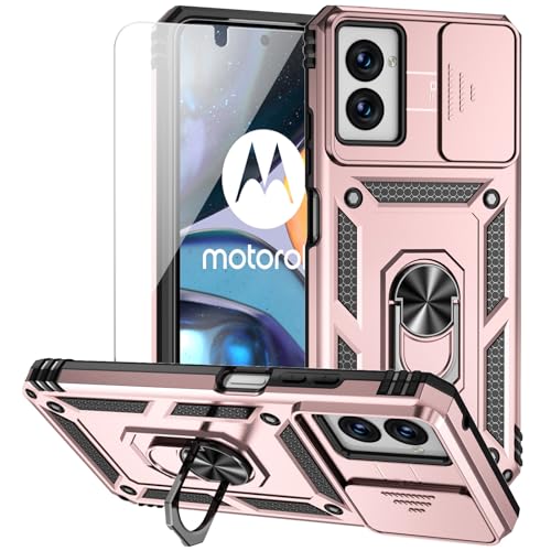 for Motorola Moto G Power 5G 2024 Case with Camera Lens Cover HD Screen Protector, Dual Layer Military-Grade Drop Tested Magnetic Ring Holder Kickstand Protective Phone Case (Rose Gold)