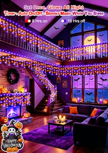 Heceltt 66FT 640LED Orange Purple Halloween Lights Outdoor 8 Modes Plug-in - image 4