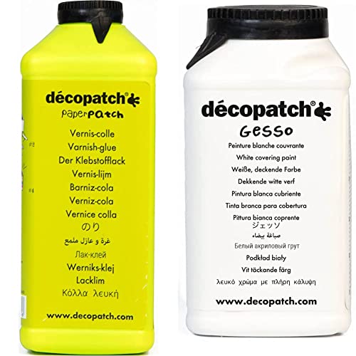 Décopatch PP600AO - Un pot de Vernis colle PaperPatch 600 ml & Décopatch GE300AO - Un flacon Gesso 300g, peinture acrylique blanche