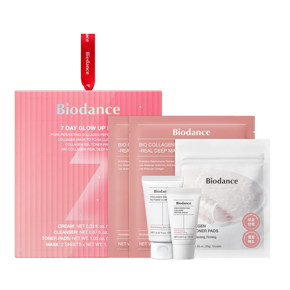 BIODANCE 7 Day Glow Up Kit: Holiday Collagen Gift Set for Glass-Skin, Christmas Gift, Stocking Stuffers for teen girls, Korean Skincare with Mask to Foam Cleanser, Toner Pads, Moisturizer, Gel Masks
