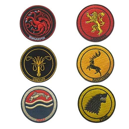 6pcs Game of T-hrones Red House Symbol Greyjoy Targaryen Dragons Tully Stark Direwolf Lannister Military Patch Fabric Embroidered Badges Patch Tactical Stickers for Clothes with Hook & Loop (6pcs)