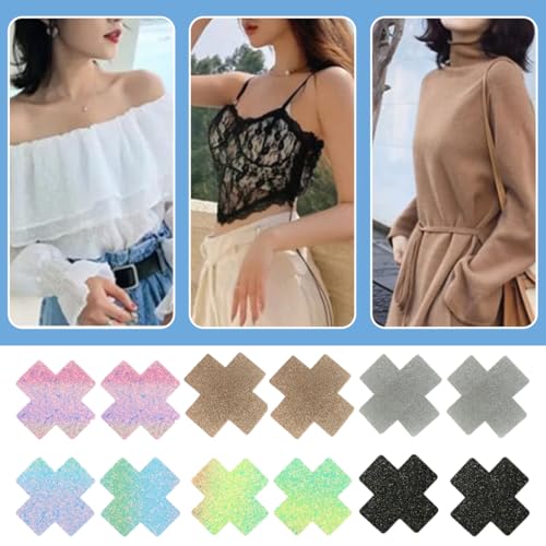 6 Paare Pasties Nippelabdeckungen Aufkleber für Frauen Brustband, wasserdicht, unsichtbar, atmungsaktiv, selbstklebend, Einweg, Kreuzform für Frauen Party Zubehör Schwarz Silber Gold Farbverlauf