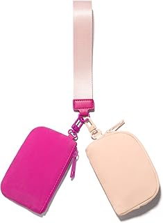 Mini Zip Around Keychain Wristlet Wallets Small Portable Dual Pounch Wristlet Detachable Coin Purse Pocket Gifts for Teen Girls Travel Sports Outdoors (Rose Red+Coarl Pink)