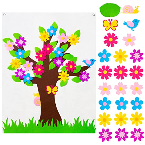 WATINC 49Pcs DIY Spring Tree Felt Board Craft Kit, Flower Leaf Butterfly Snail Bird Detachable Ornaments Spring Party Decoration for Kids, Activity Creative Game Wall Hanging Decor for Home Classroom