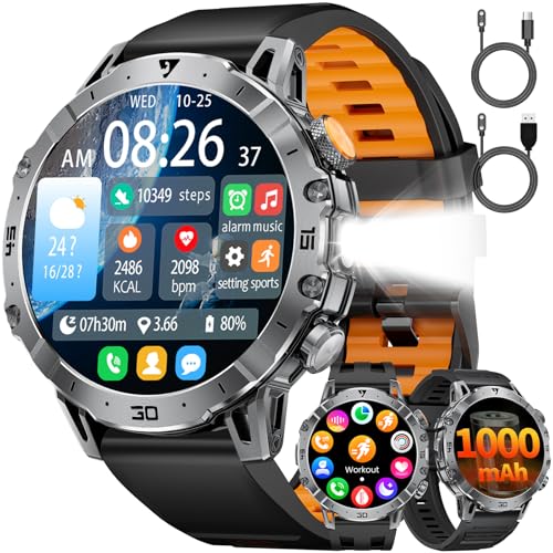 1000 mAh Batterie Montre Connectée Homme Militaire, 1.7'' HD Smartwatch Homme avec Appel Bluetooth, LED Lampe, 114 Modes Sport, Fréquence Cardiaque/Moniteur de Sommeil, IP68 Montre pour Android iOS