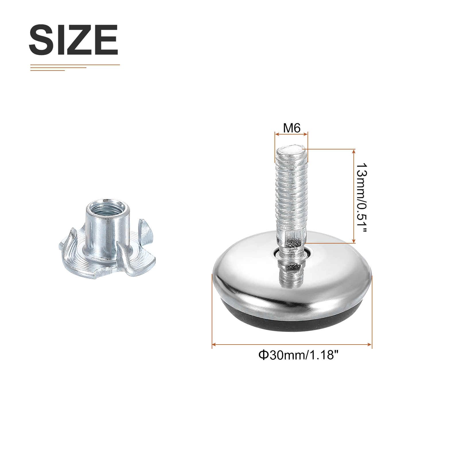 DTGN M6x13x30mm(DxLxOD) Screw on Furniture Glide Leveling Feet - 8Pack - Good for Furniture - Adjustable Thread Levelers - Silver - Image 2