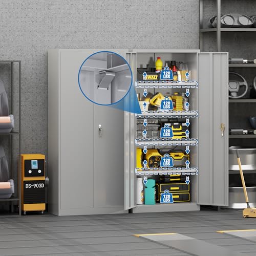 SUPEER 180CM hoher Stahlschrank,Metall-Lagerschrank mit 2 Türen und 4 verstellbaren Einlegeböden,Geeignet für Haus, Lager, Garage, Büro,Einfache Montage erforderlich (Grau)