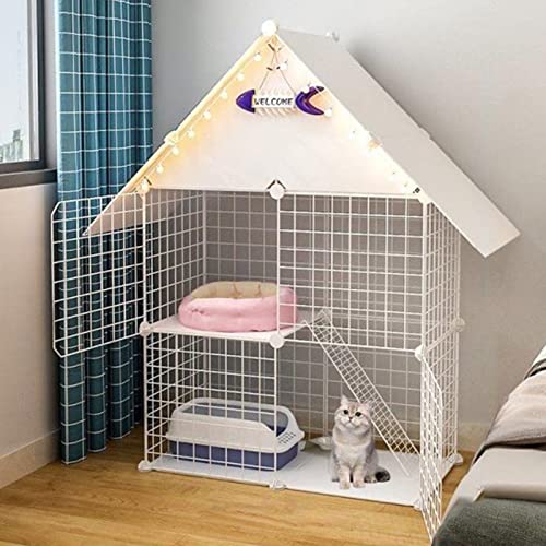Cage portable pour chat pliable grand parc intérieur 2 niveaux métal blanc