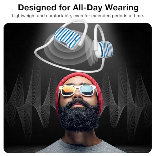 Image of Purity Air Open Ear Headphones - True Air Conduction Wireless Bluetooth Open Ear Earbuds with Dual Mic for iPhone /Android - Secured Long Wearing Comfort, Sports Sweat Resistant (Blue Stripes)